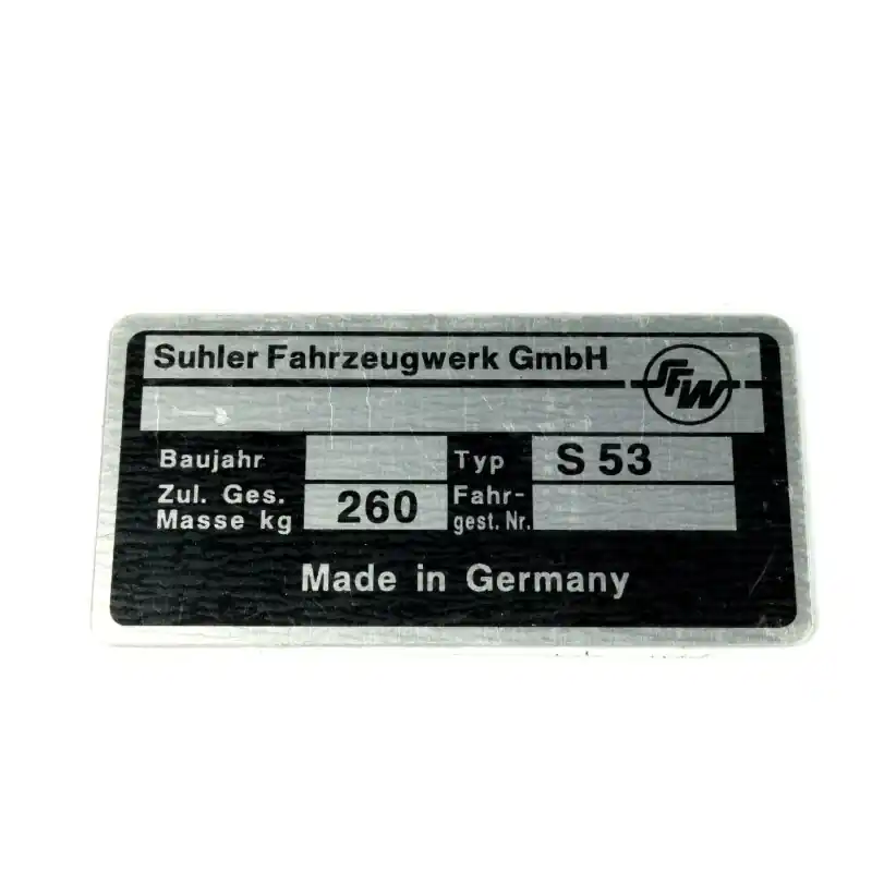 Markenprodukt Simson S53 Typenschild Plakette Alu 260kg VEB silber schwarz Rohling NEU Roller