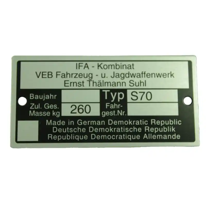 Typenschild Plakette für Simson S70 260kg Rohling Rahmen Alu VEB silber Knallerangebot