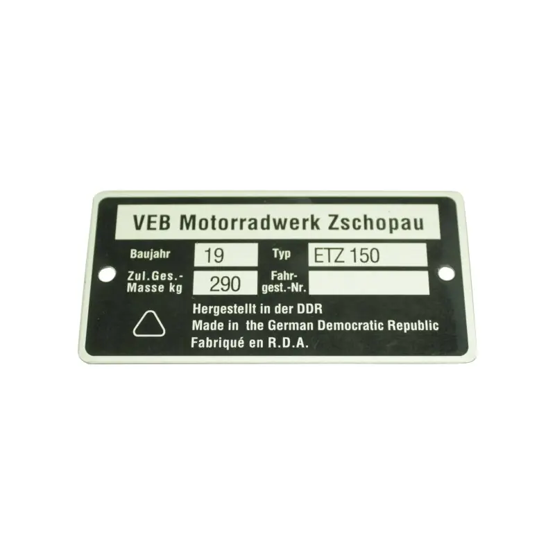 Online Kaufen MZ ETZ150 Typenschild Plakette Alu VEB silber schwarz Original Design Rohling