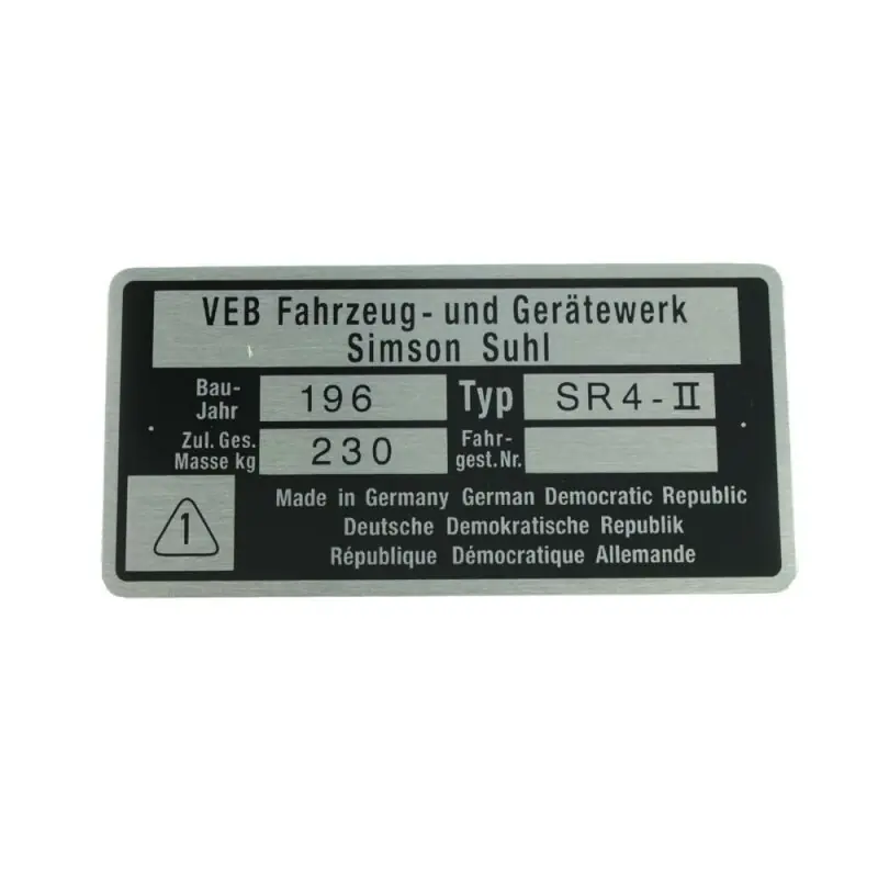Typenschild Plakette Rahmen Alu VEB silber pas. f. Simson SR4-II SR4-2 Star Rohling 7,5x3,7 Solange Der Vorrat Reicht