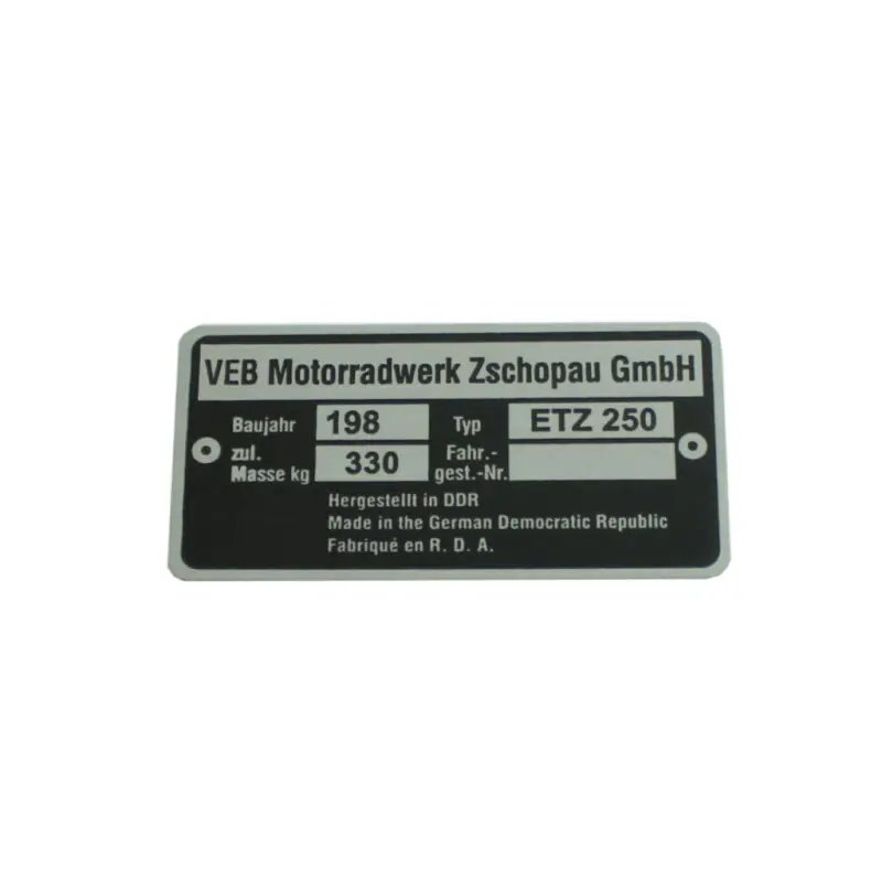 Typenschild Plakette Rahmen Alu VEB silber für MZ ETZ250 7,5x3,7 Rabatt