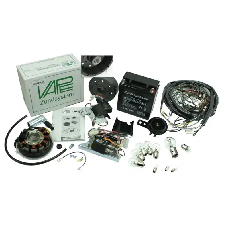 Aktuell Vape 3 Set E Zündung + Gel Akku + Kabelbauminkl. Lampen und Hupe für Simson S51 S50 S53 S70 Motor Lichtmaschine 12V 100W Rotor vergossen