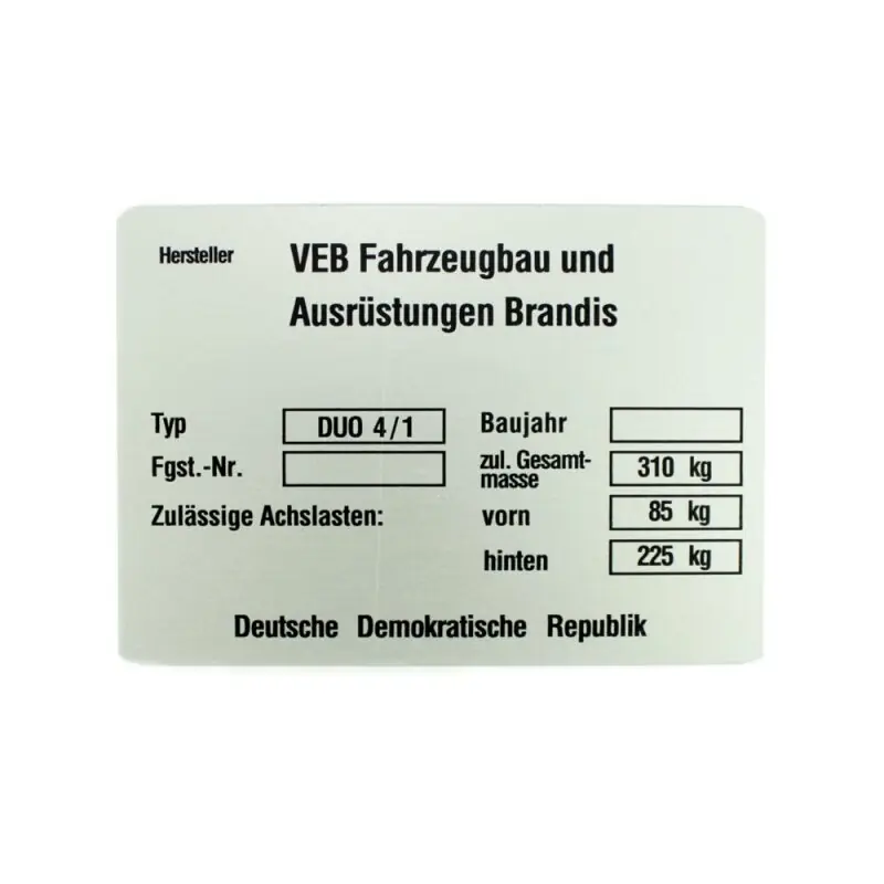 Preiswert Typenschild pas. f. Simson Duo 4-1 Plakette Rahmennummer 320kg