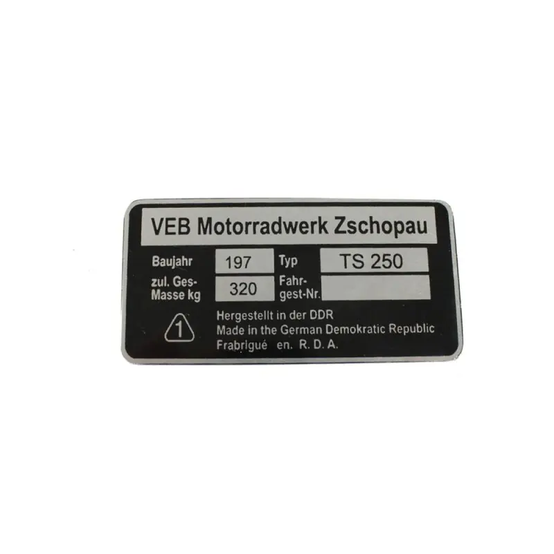Kostenloser Rückversand Typenschildfür MZ TS250 Plakette Alu VEB silber schwarz Originaldesign Rohling