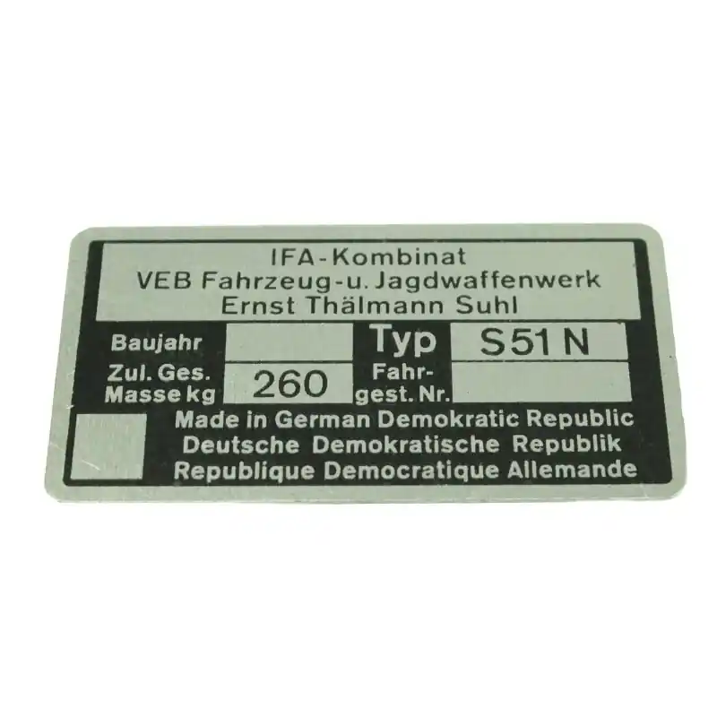 Günstig Original DDR Typenschild für Simson S51 N Plakette 260kg silber schwarz Rohling für Rahmen