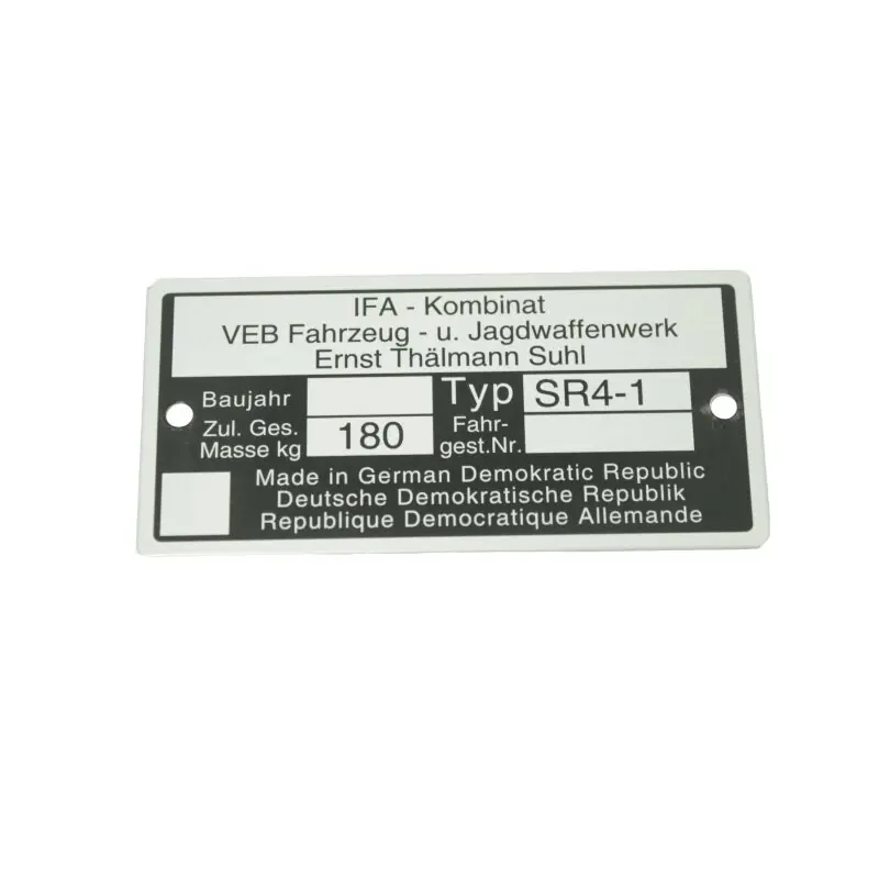 Knallerangebot Typenschild Plakette Rahmen Alu Veb silber für Simson SR4-1 Spatz Rohling