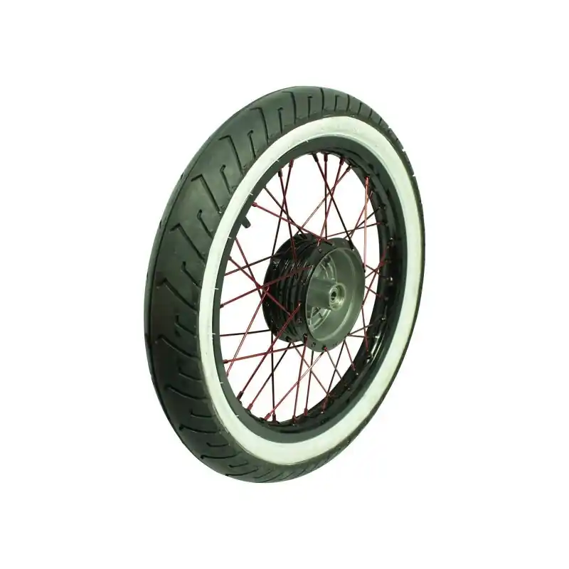 Sale Black Devil Vorderrad für Simson S50 S51 S70 KR51 Schwalbe Spatz Star Sperber Habicht Duo, Felge schwarz Weißwandreifen Mitas MC2 Speichen rot Nabe schwarz