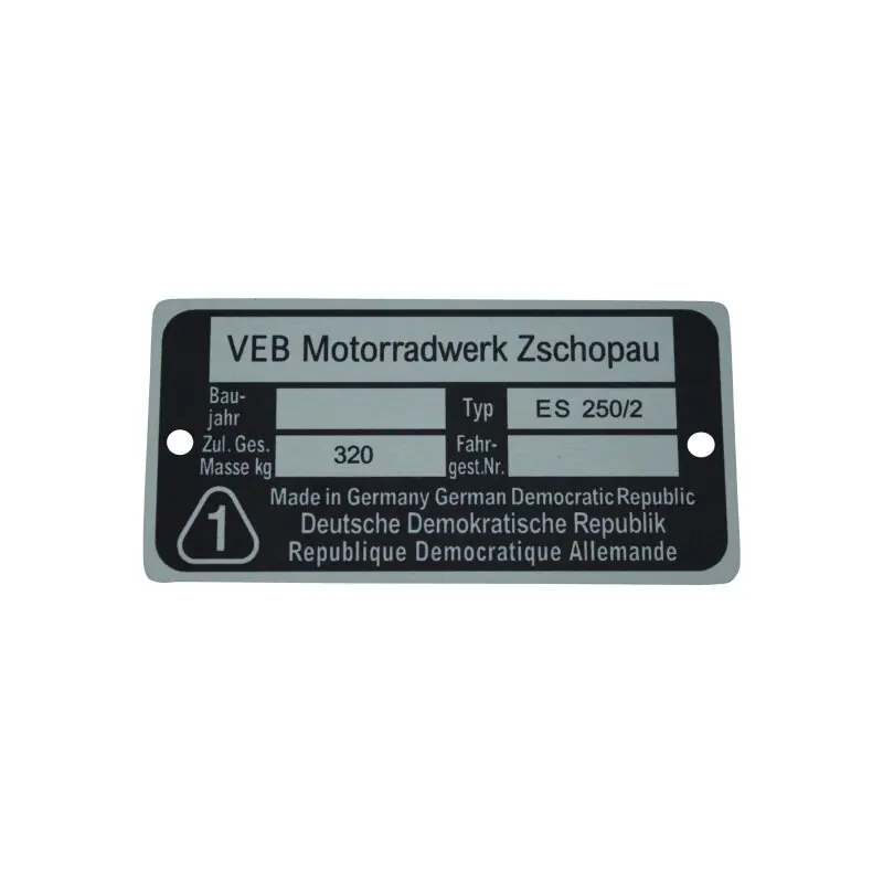Typenschild für MZ ES250/2 Plakette Alu VEB silber schwarz Originaldesign Rohling Meistverkauft