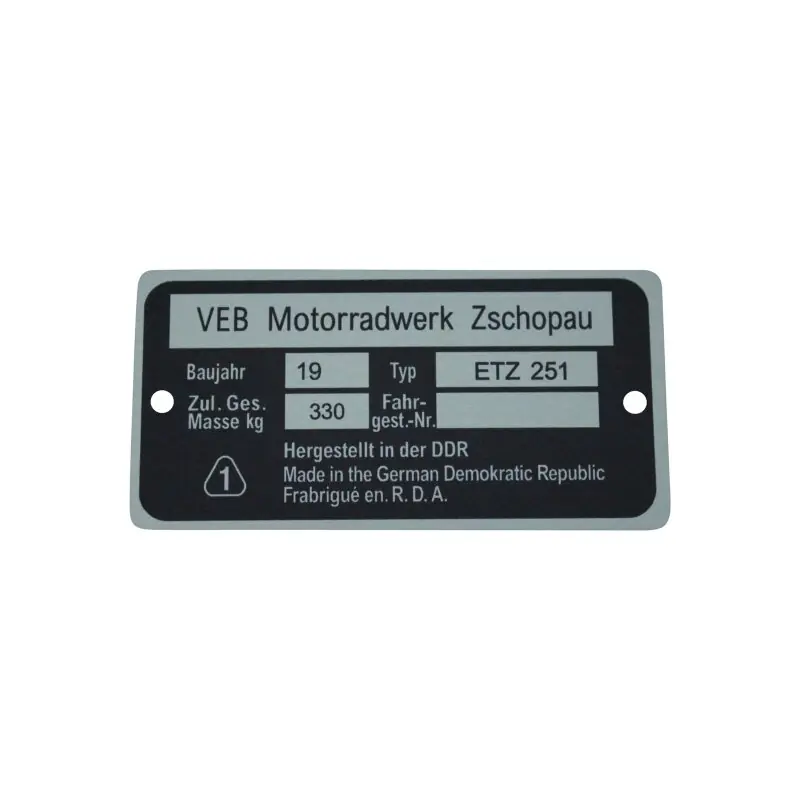 Top-Seller Typenschild für MZ ETZ251 Plakette Alu VEB silber schwarz Originaldesign Rohling