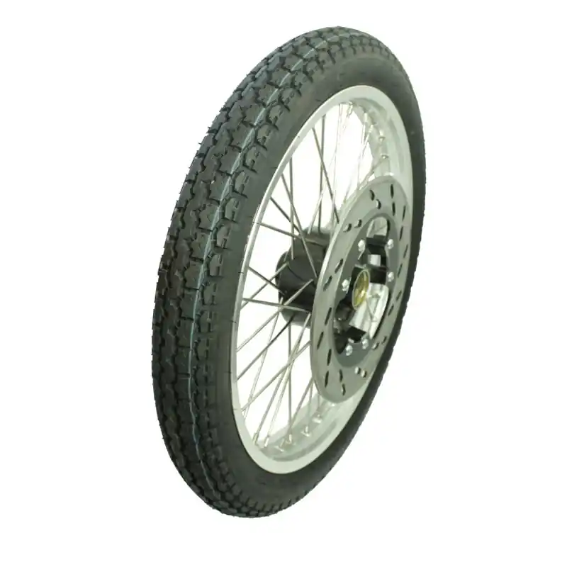 Komplettrad Vorderrad, Speichenrad 1,85x18 Zoll mit Bremsscheibe + Reifen VRM0015 für MZ ETZ 250 150 125 251 301 polierte Alufelge vorn Rad mit Nabe schwarz Scheibenbremse Edelstahlspeichen Geprüft