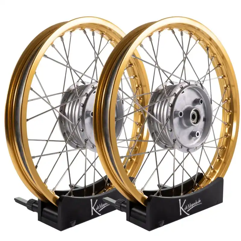 Markenware B-Ware Felgen Set33 - 1,85 + 1,50 Alu gold- Edelstahlspeichen - Nabe silber